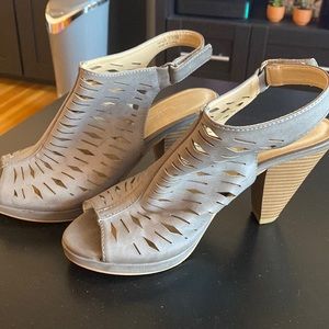 Grey stacked heel peep toe